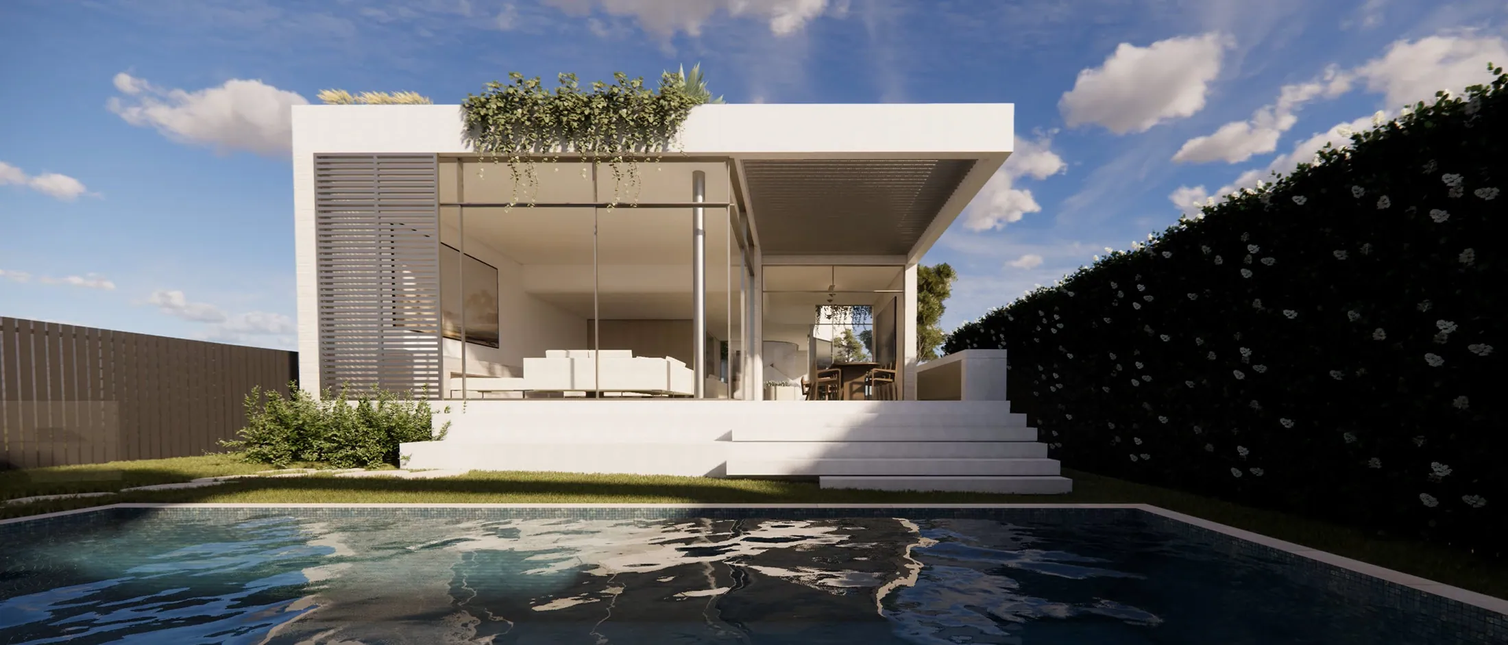 Pool and terrace at the Strathfield residence, with the living pavilion opening onto the garden.