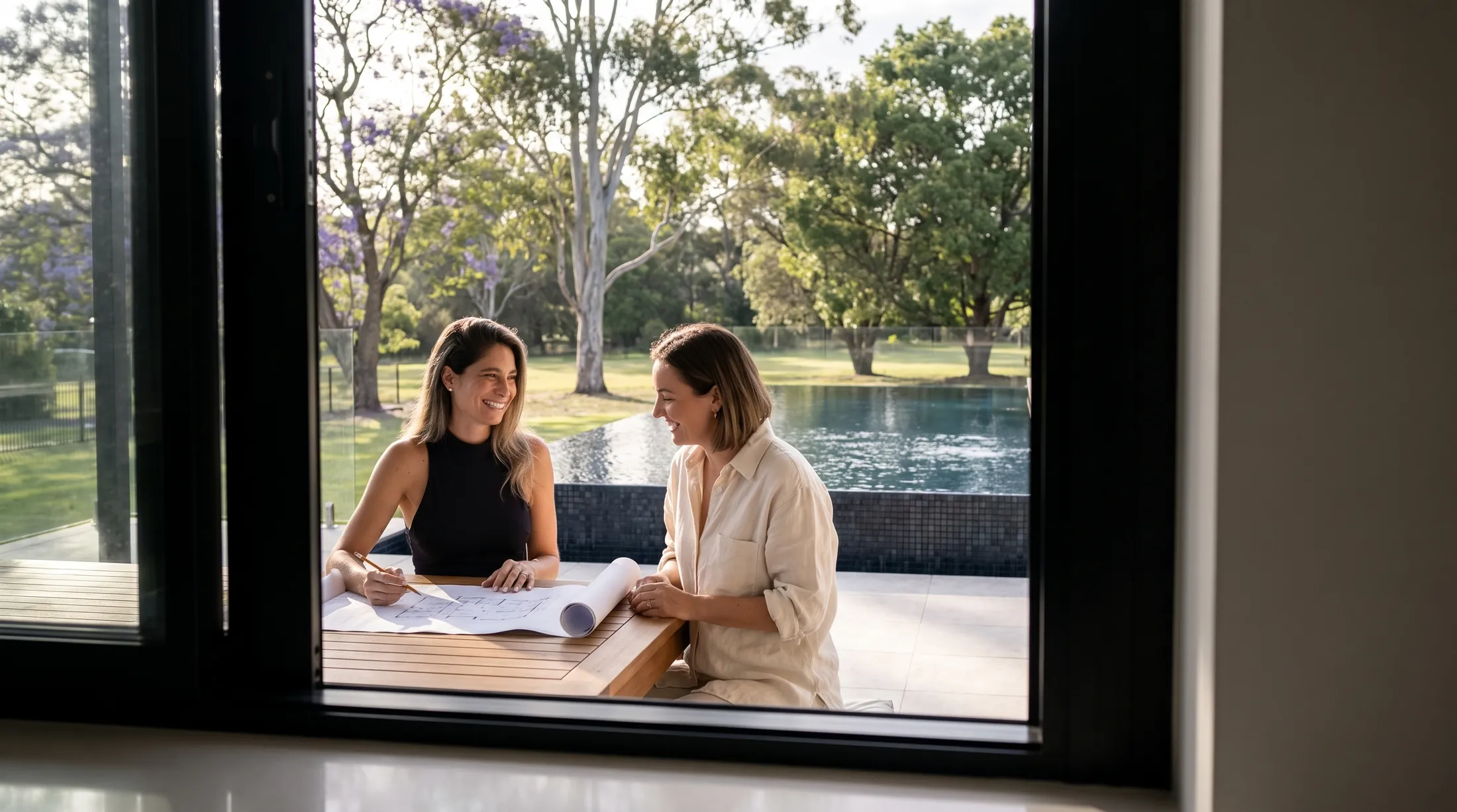 Monica Vogel talking with a client across a table of drawings, seen from inside the house looking out to the pool and lawn.