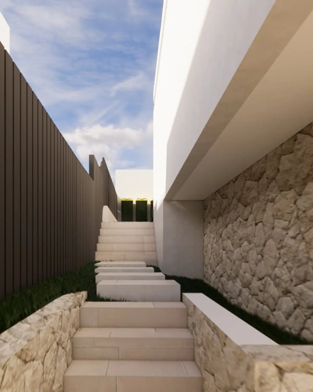 Stone lined stair rising between a battened screen and a rough cut wall at the Mosman residence.