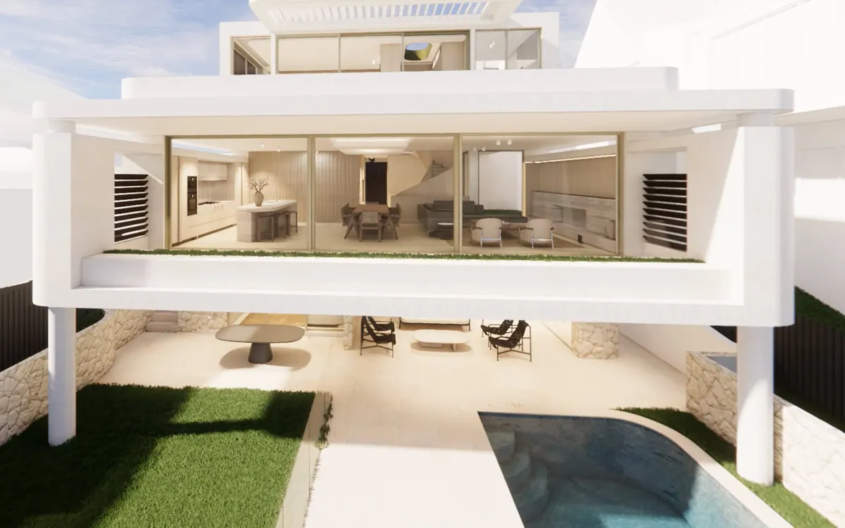 Mosman residence seen from the rear garden, an upper floor cantilevered over the terrace and pool.