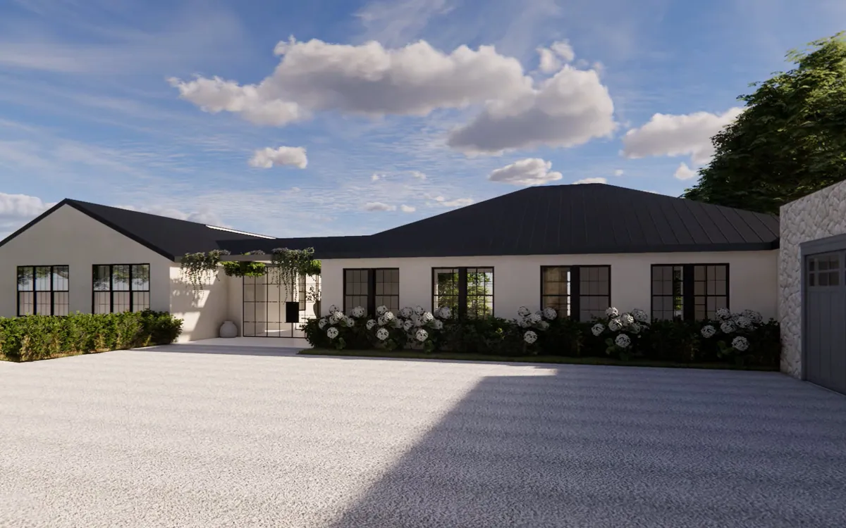 Long low residence at Kenthurst with a gabled roof and gravel forecourt.