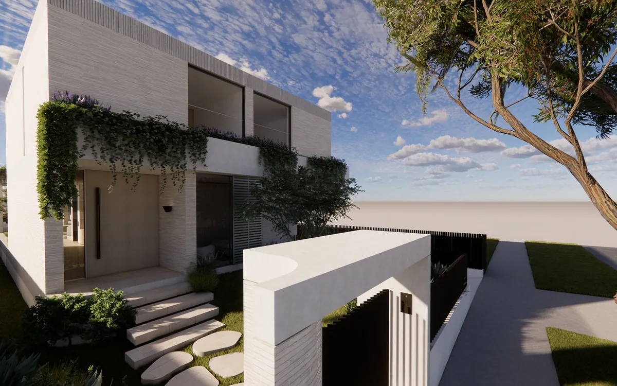 Entry court at the Strathfield residence with stepping stones, planting and a white masonry wall.